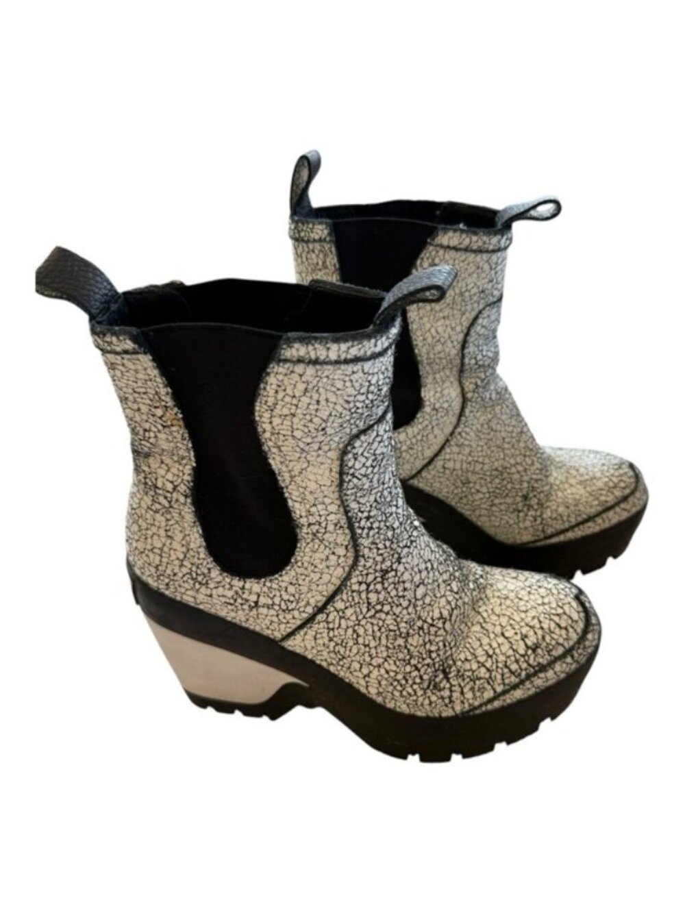 Hunter Boots Chelsea Crackle Leather Black and White Platform Wedge Size 6